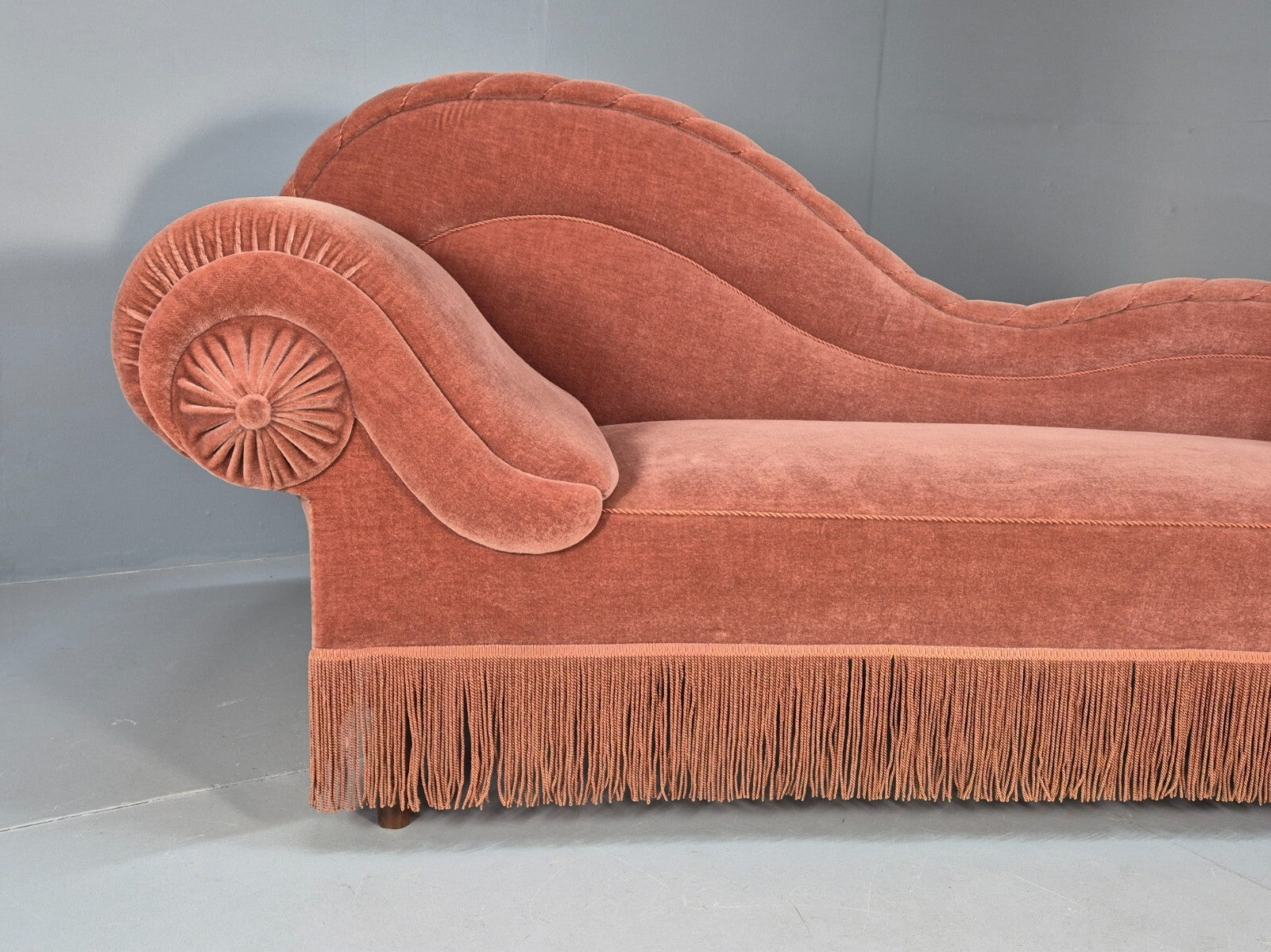 Vintage Danish Art Deco Chaise Lounge Pink Velour Tassels 1930s EB9664 VCHA - UKDK FURNITURE
