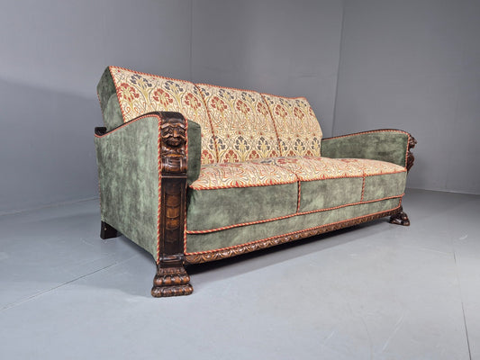 Vintage Art Deco Sofa 3 Seater Carved Wood Green Velour Cream EB11740 V3SS1