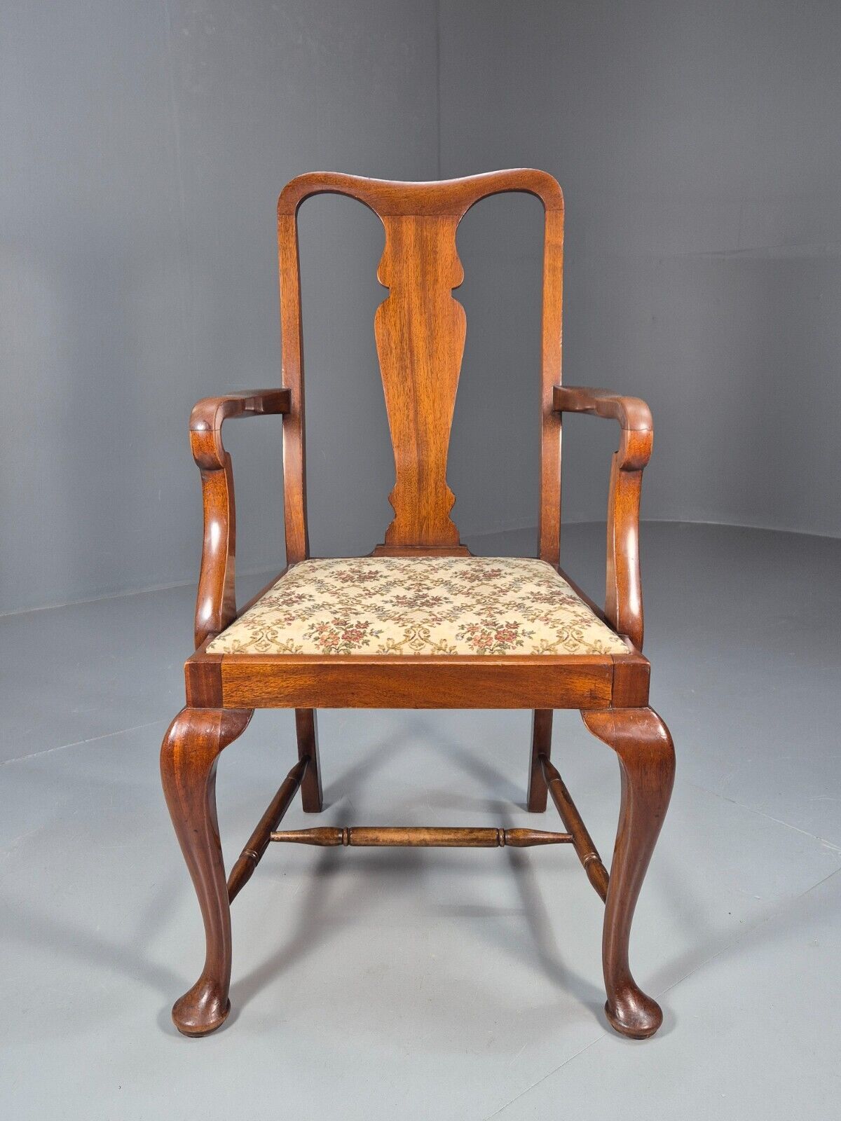 Vintage Elbow Carver Chair Floral Tapestry Seat Mahogany Antique EB9145 VDIN - UKDK FURNITURE