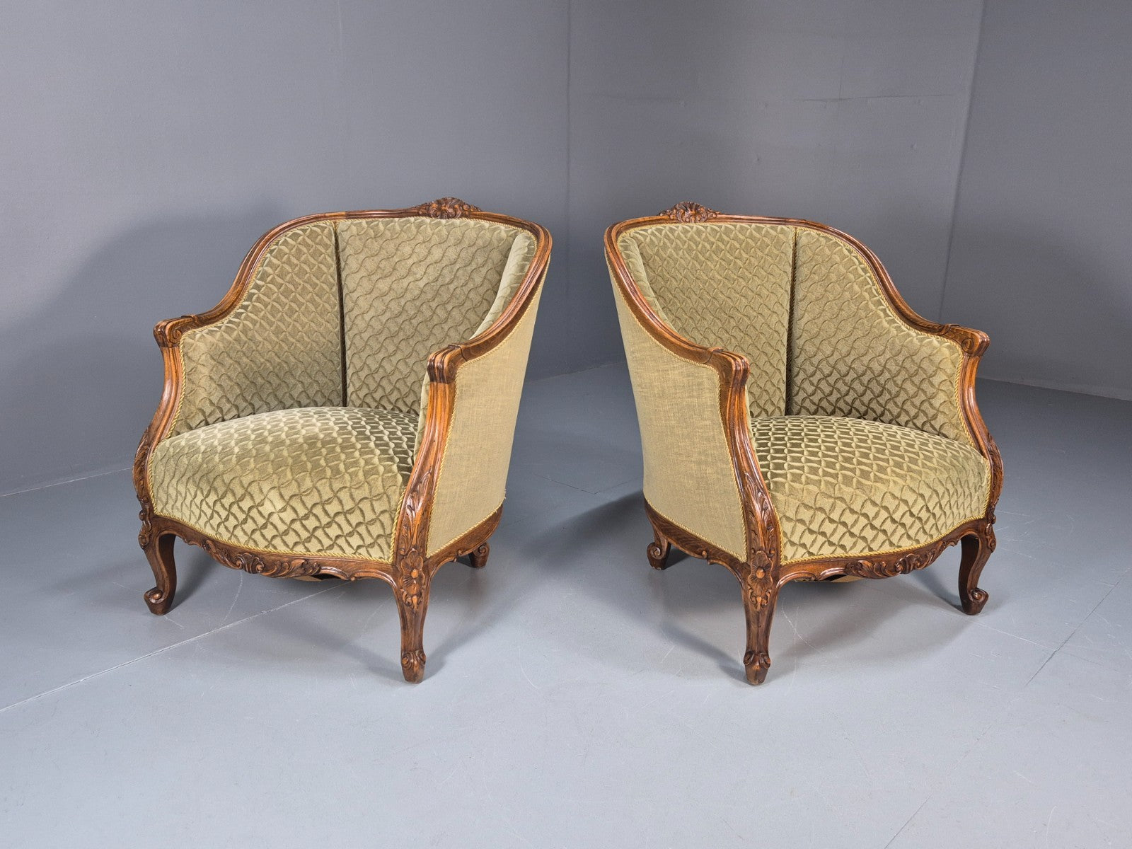 2 Antique Tub Chairs Oak Carved Frame Green Patterned Velvet 1920s EB10741 VCAR1