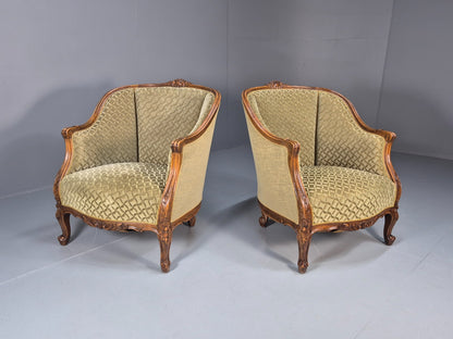 2 Antique Tub Chairs Oak Carved Frame Green Patterned Velvet 1920s EB10741 VCAR1