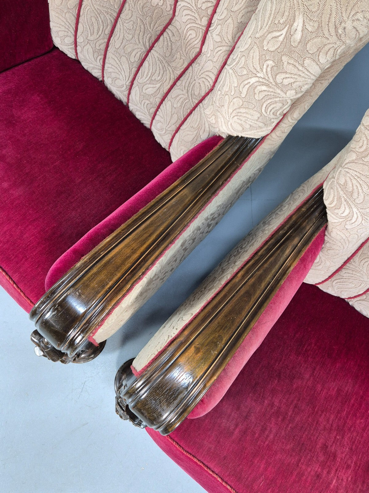 Art Deco Style Armchairs Pair Carved Oak Figures Creme Red Velour EB9586 VCAR - UKDK FURNITURE