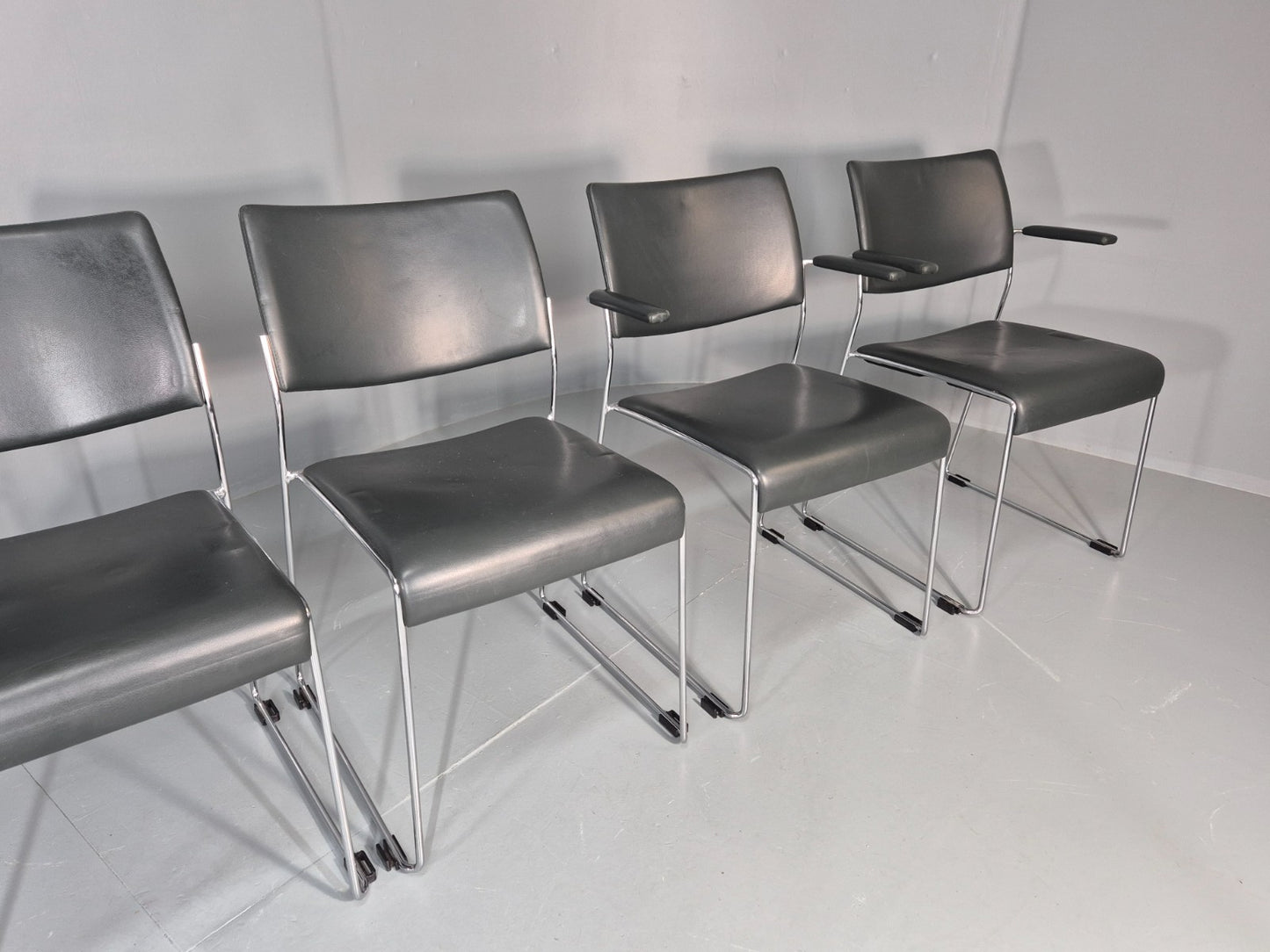 6 Leather Stacking Chairs Brunner Linos Dark Green Chrome Modern EB11734 MSTA11