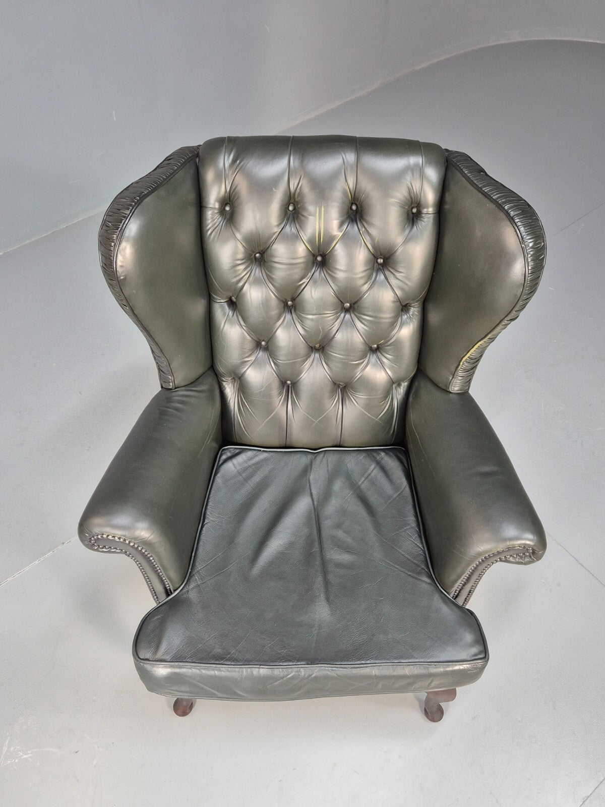 Vintage Chesterfield Armchair Green Leather Pleated Button Back EB9485 VLEA - UKDK FURNITURE