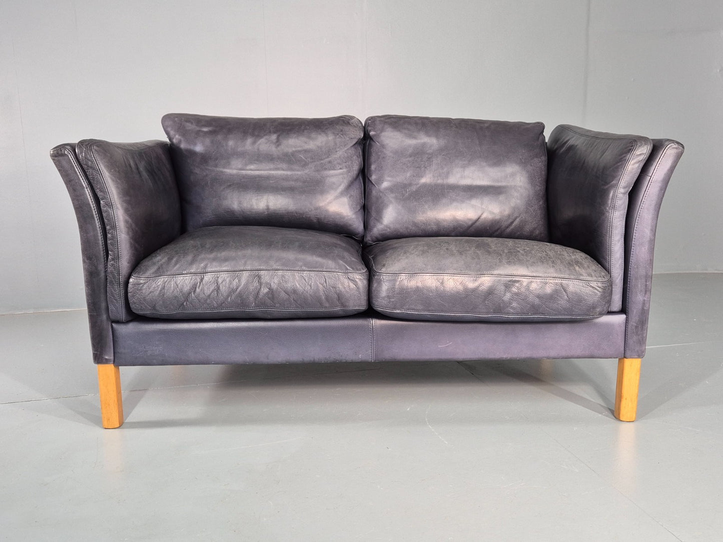 Vintage 2 Seater Sofa Danish Blue Leather Mid Century 1980s Retro EB9069 M2SS5