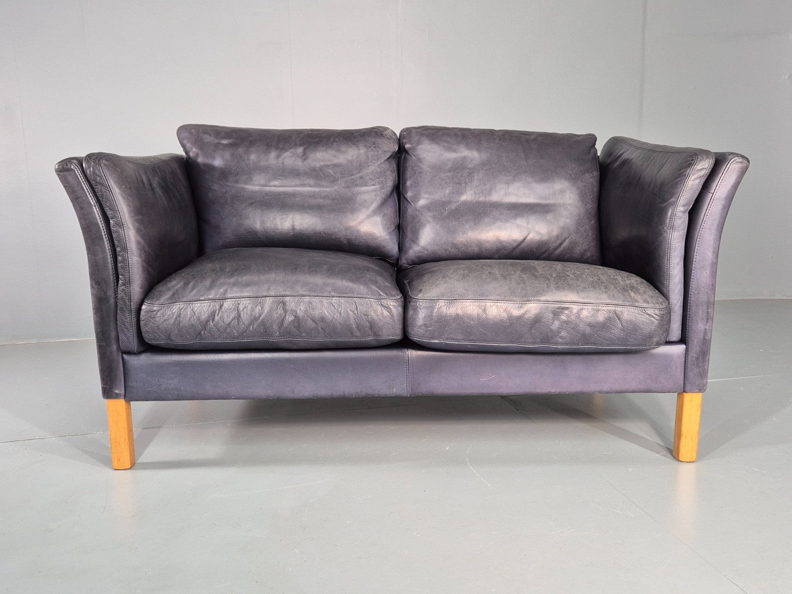 Vintage 2 Seater Sofa Danish Blue Leather Mid Century 1980s Retro EB9069 M2SS5