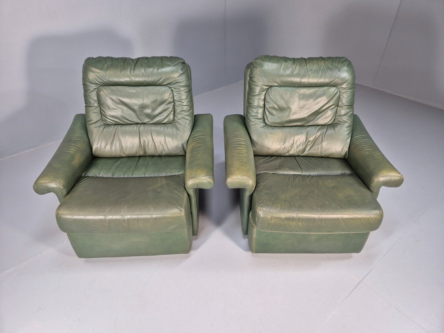 2 Vintage 1970s Green Leather Lounge Chairs Harrods Originally Retro EB9165 MNOR - UKDK FURNITURE