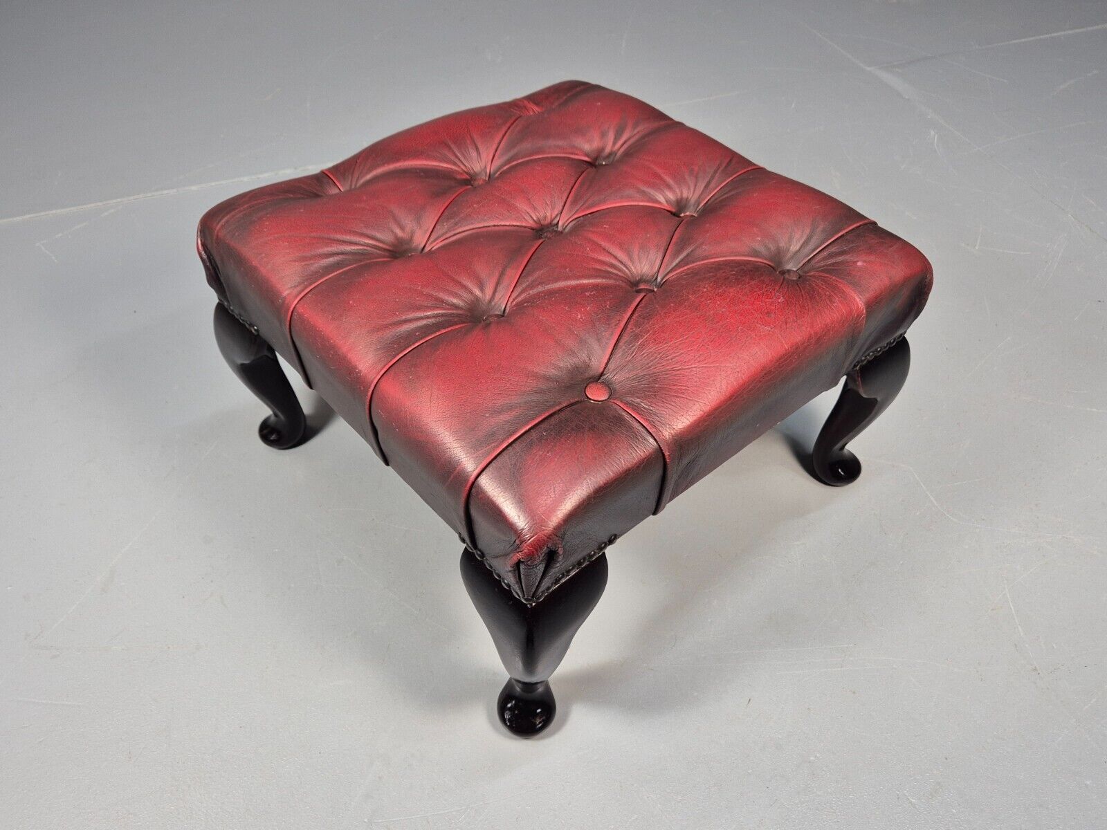 Vintage Red Leather Chesterfield Queen Anne Style Footstool Retro EB9389 VWOO - UKDK FURNITURE