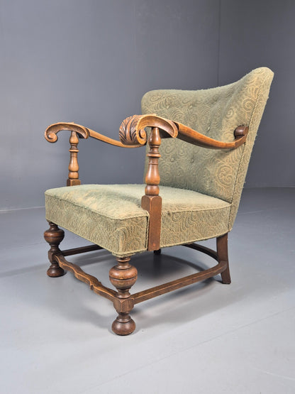 Vintage Danish Lounge Chair Green Moquette Carved Oak Frame 1940s EB8998 VCLO - UKDK FURNITURE