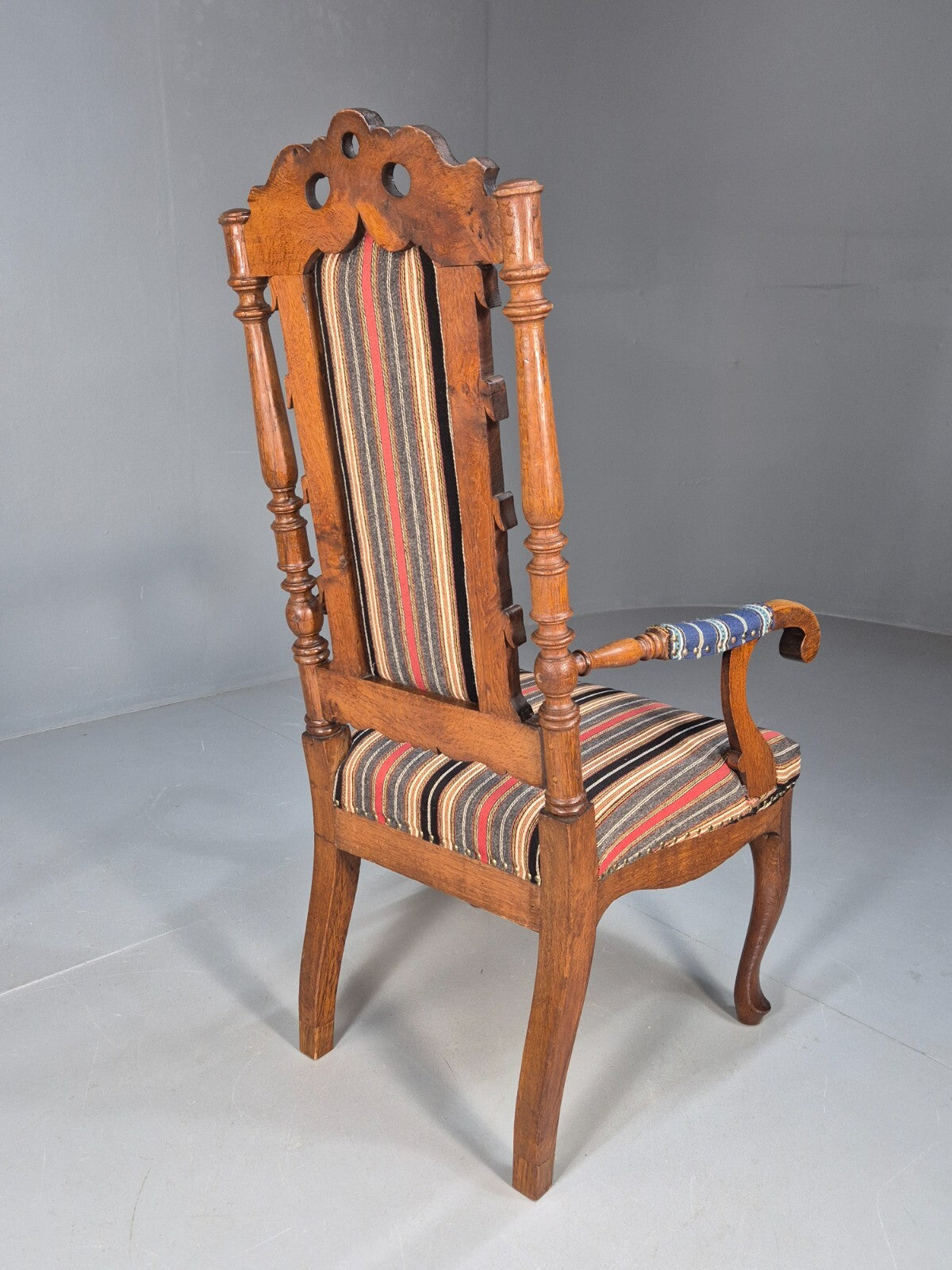Vintage Danish Antique Armchair Early C20th Oak Frame Striped Wool EB8915 VCAR - UKDK FURNITURE