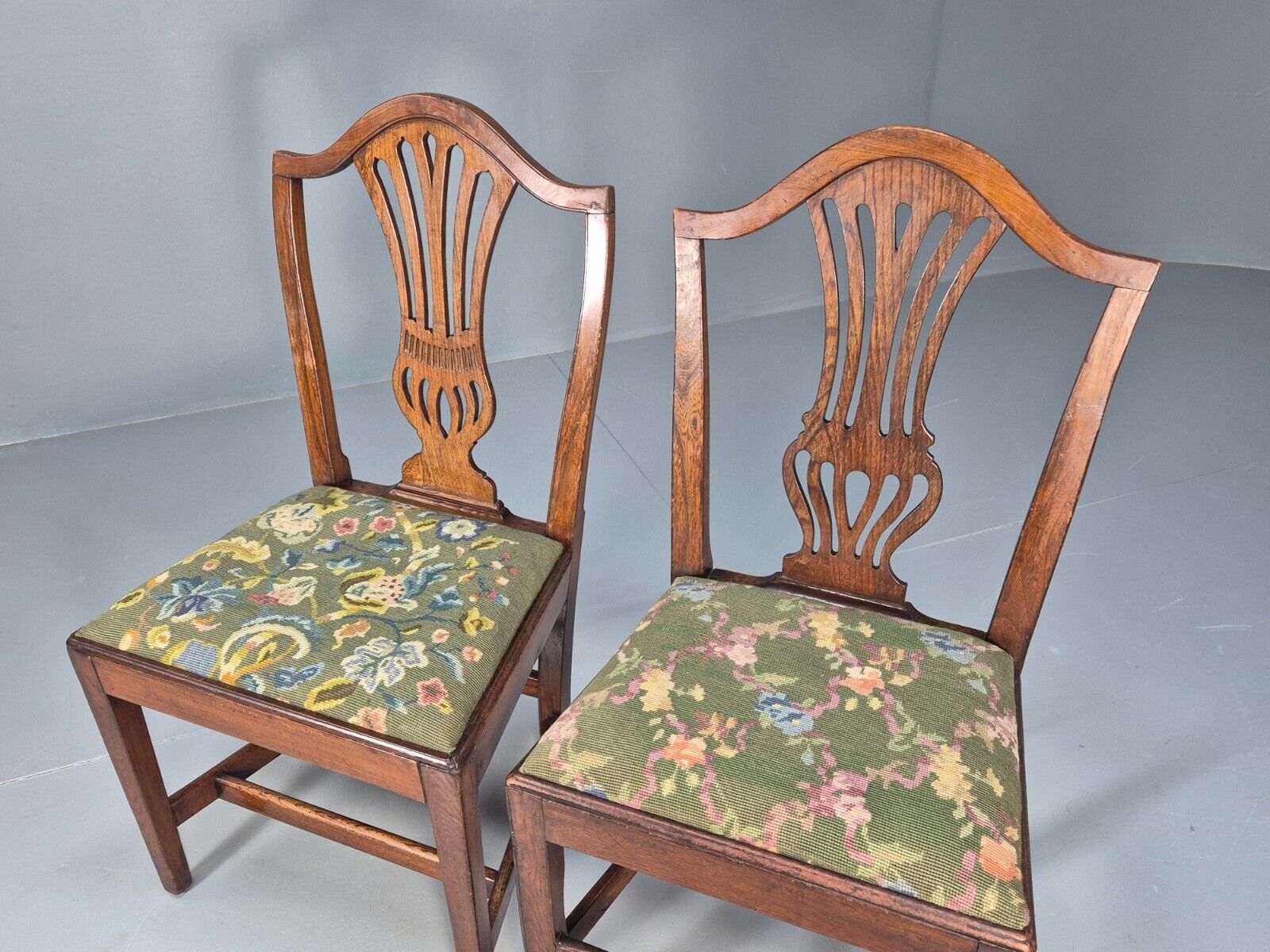 2 Vintage Oak Dining Chairs Green Floral Georgian Style Antique EB9084 VDIN - UKDK FURNITURE