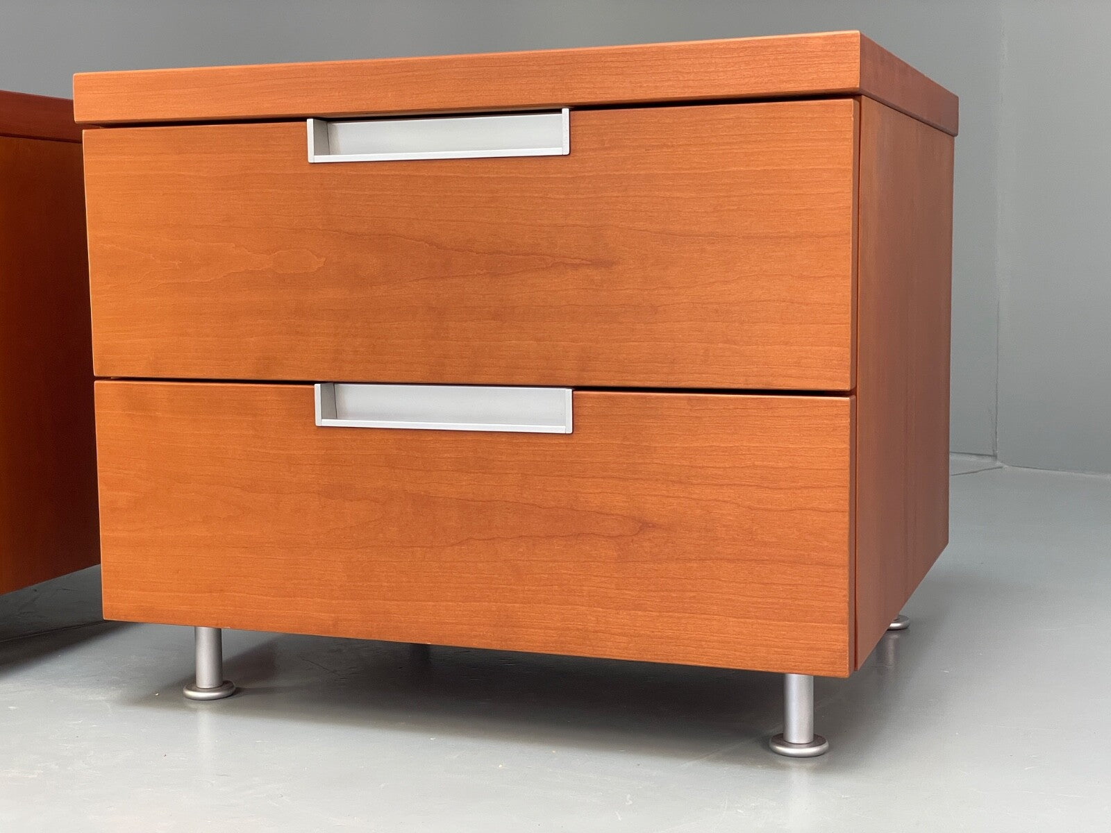 Vintage Pair Bedside Tables Cherry Wood Aluminium 1980s Drawers EB9819 MWOO - UKDK FURNITURE