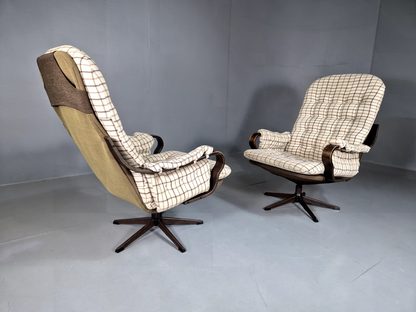 2 Vintage Swivel Chairs Cream Checkered Wool Bentwood Retro MCM EB7192 MBEN8