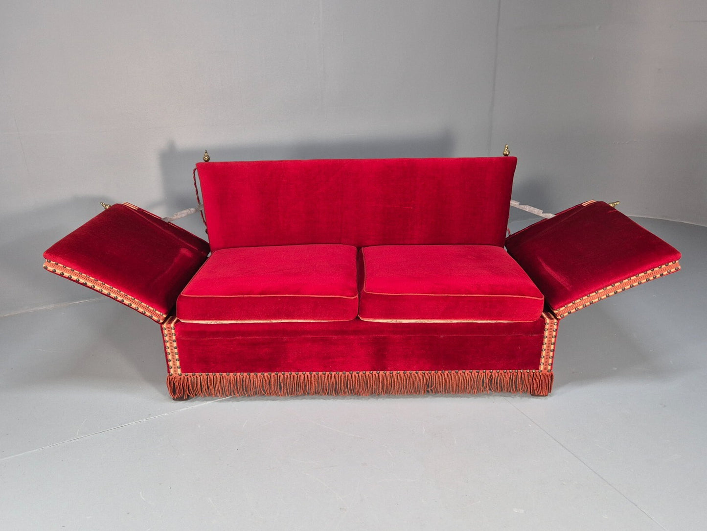 Vintage Danish Knowle Sofa Red Velour Cream Reversible Cushions 60s EB9648 V2SS - UKDK FURNITURE