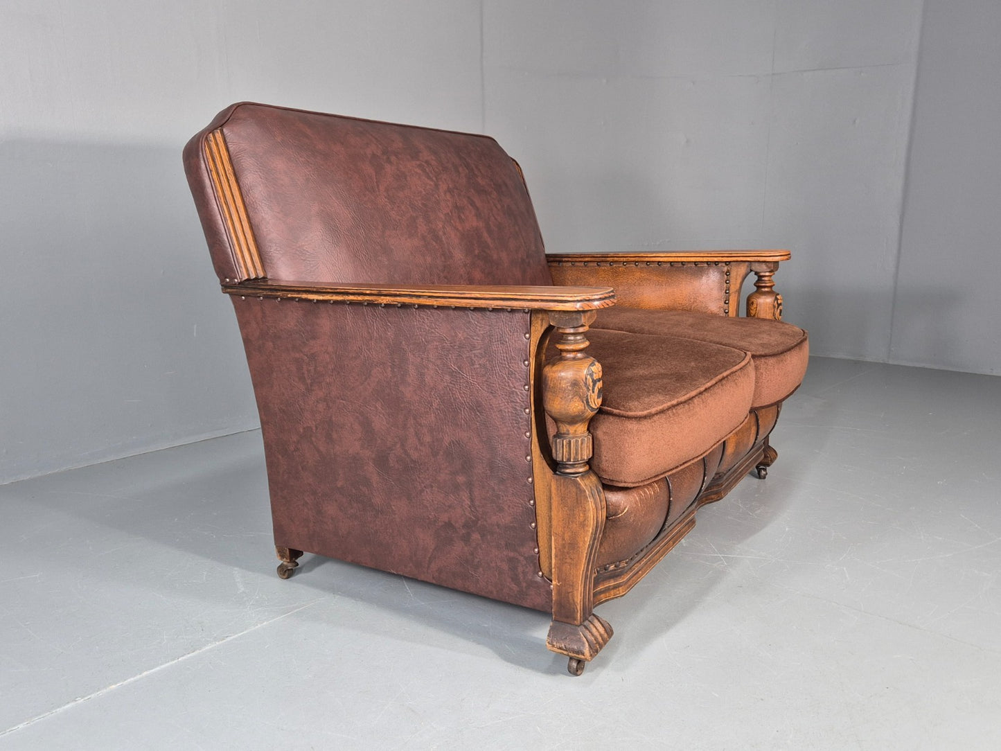 Two Seater Edwardian Sofa Baroque Oak Frame Rexine and Velour EB11265 V2SS7