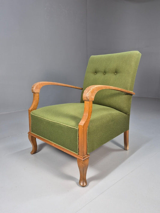 Vintage Danish Lounge Chair Green Wool Wood Arms Art Deco 1950s EB8973 VCLO - UKDK FURNITURE