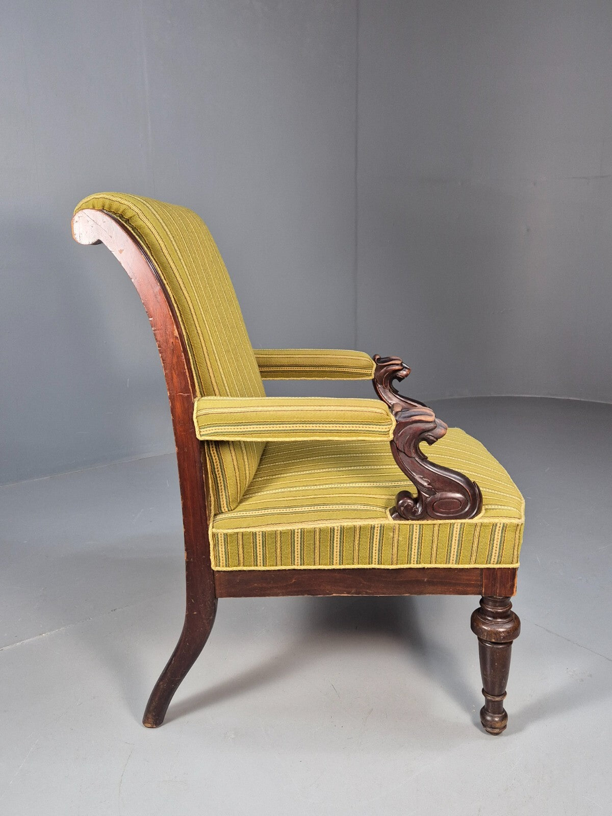 Antique Green Striped Armchair Carved Lion Figures Danish Mahogany EB9626 VCAR - UKDK FURNITURE