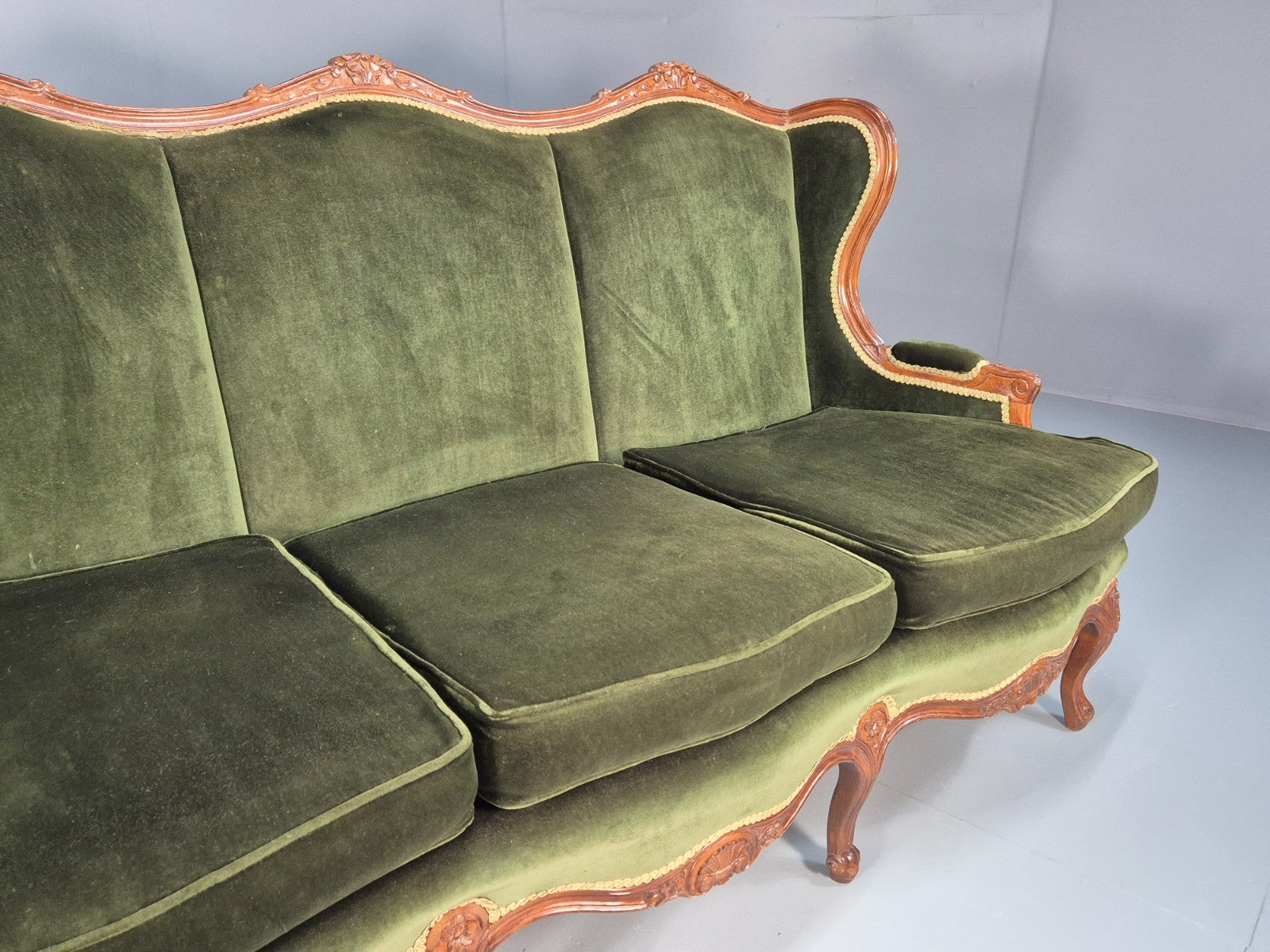 Vintage Rococo Style Three Seater Sofa Green Velour Carved Frame   EB10567 V3SS2