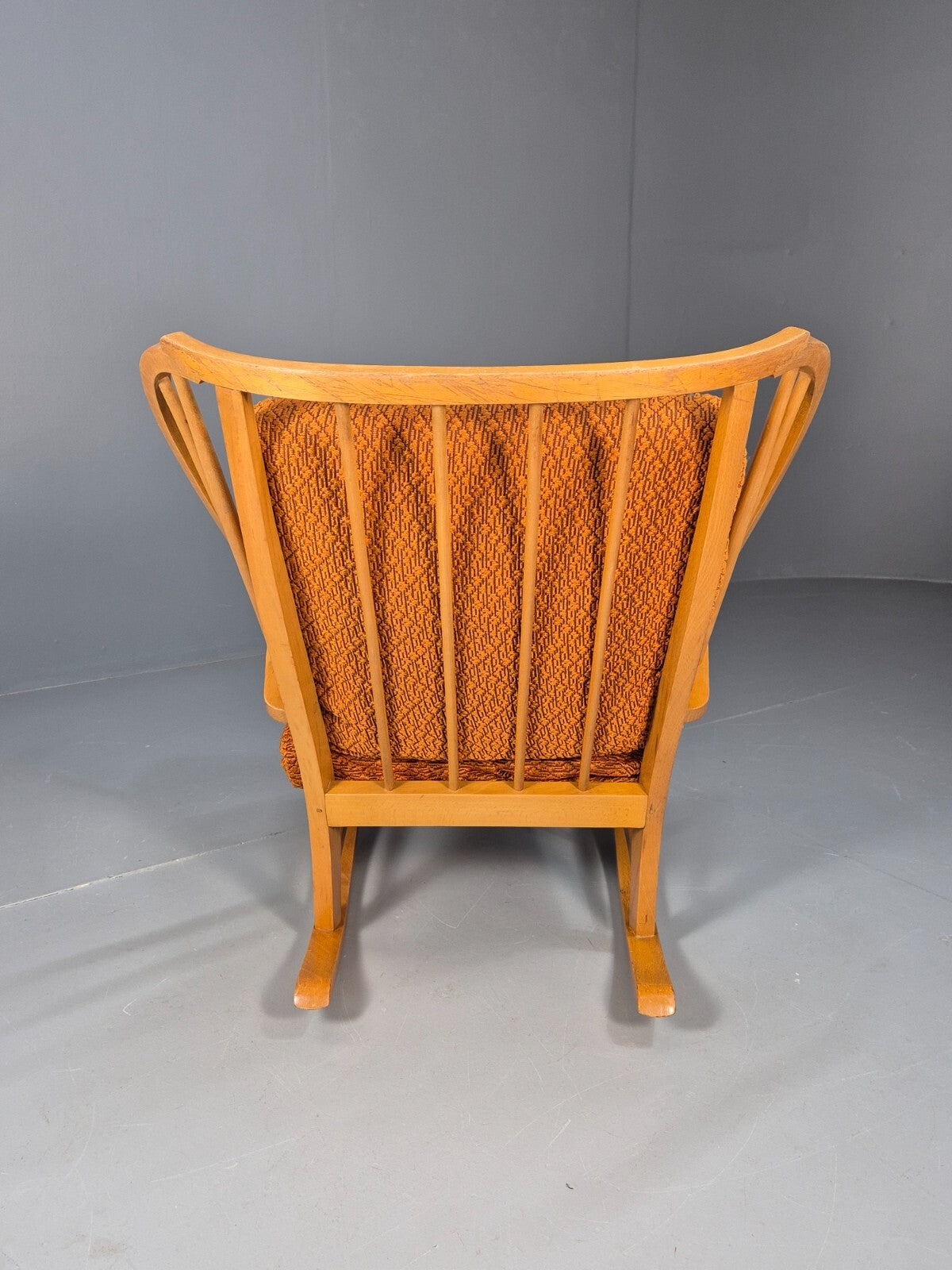 Vintage 1950s Rocking Chair Orange Pattern Fabric Beech Frame Retro EB9481 MNOR - UKDK FURNITURE