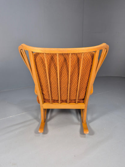 Vintage 1950s Rocking Chair Orange Pattern Fabric Beech Frame Retro EB9481 MNOR - UKDK FURNITURE