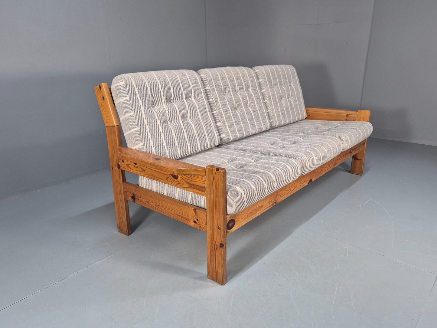 Vintage 3 Seater Pine Sofa Danish 1970s Retro Design Grey Striped EB9373 M3SS - UKDK FURNITURE