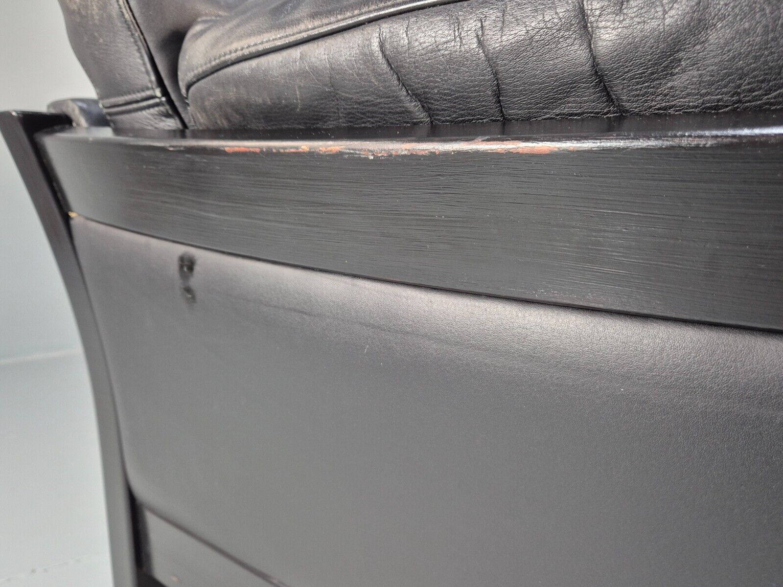 Vintage Danish 3 Seat Sofa Black leather Wood Frame Retro 1980s MCM EB8698 M3SS - UKDK FURNITURE