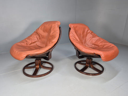 2 Vintage Danish Tan Leather Lounge Chairs Swivel Base MCM Retro EB9299 MSWI - UKDK FURNITURE