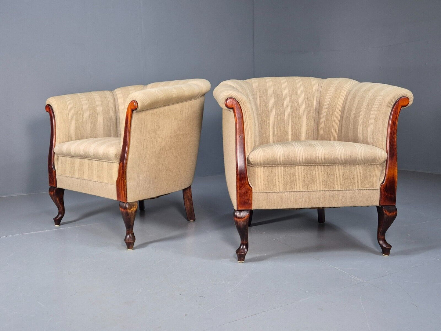 2Pair of Vintage Antique Danish Tub Chairs Beige Cream Stripes 1930s EB9049 VCLO - UKDK FURNITURE