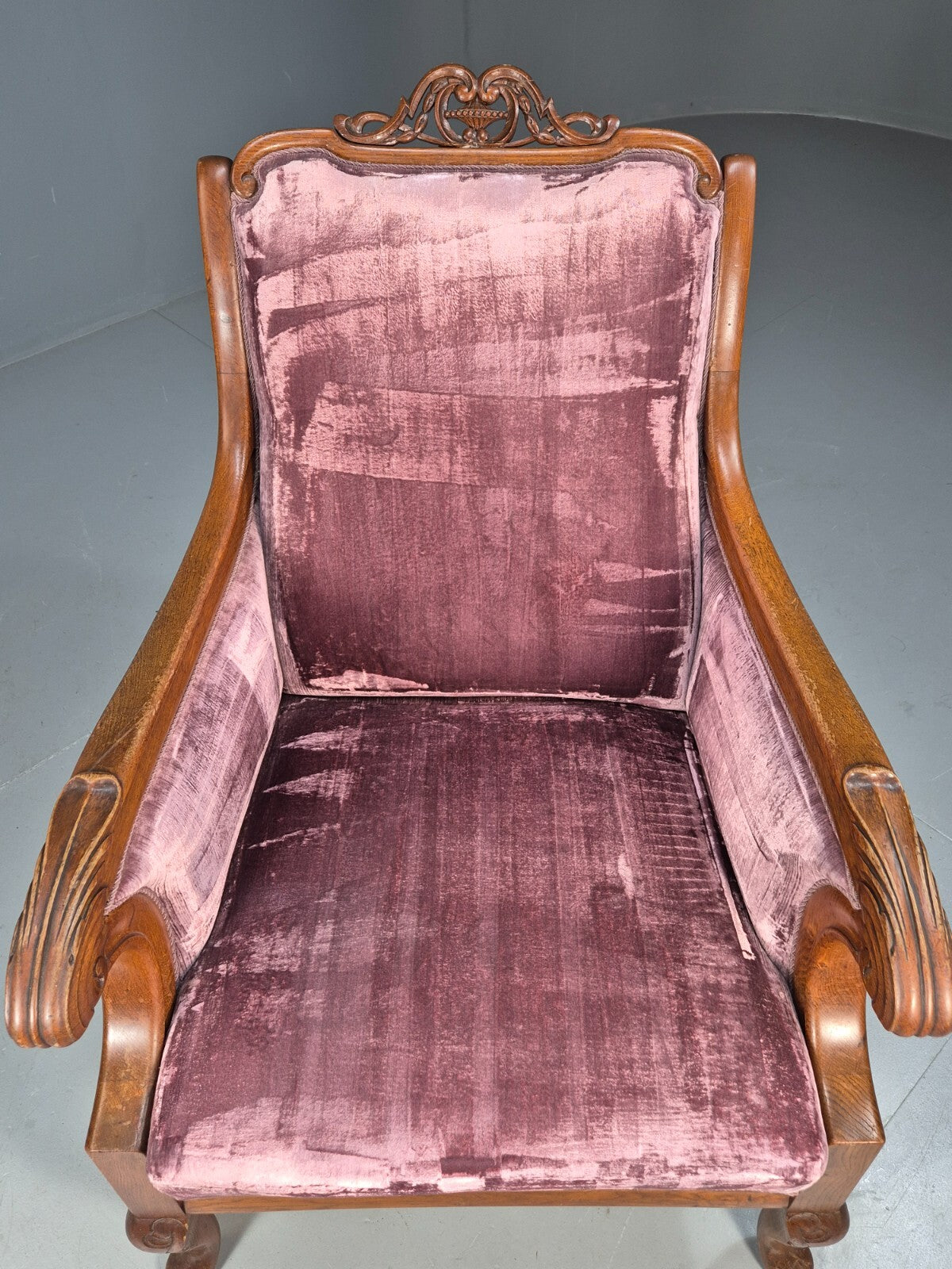 Vintage Danish Empire Chair Carved Oak Frame Purple Velvet Antique EB9616 VCAR - UKDK FURNITURE