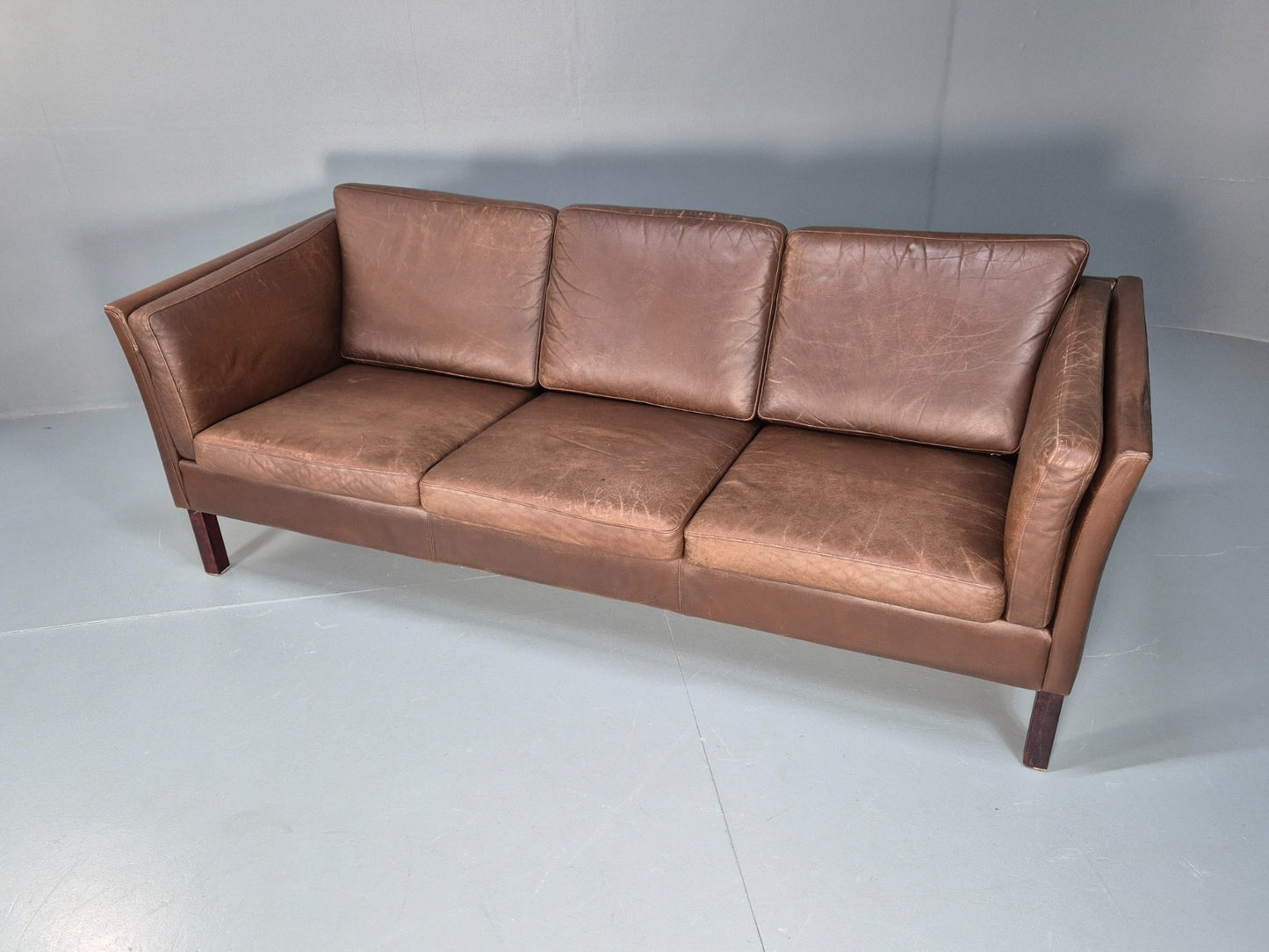 Mid Century Retro Settee Three Seater Brown Leather Vintage Denmark EB10081 M3SS7