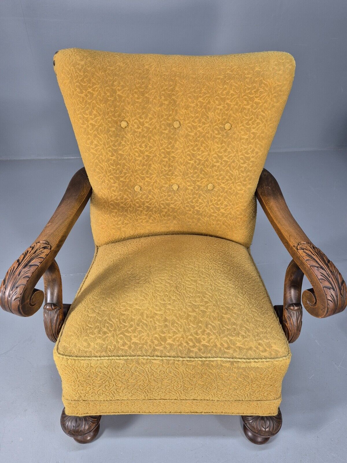 2 Vintage Baroque Armchgairs in Oak and Mustard Moquette 1940s EB9005 VCLO - UKDK FURNITURE