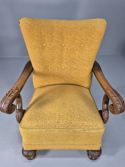 2 Vintage Baroque Armchgairs in Oak and Mustard Moquette 1940s EB9005 VCLO - UKDK FURNITURE
