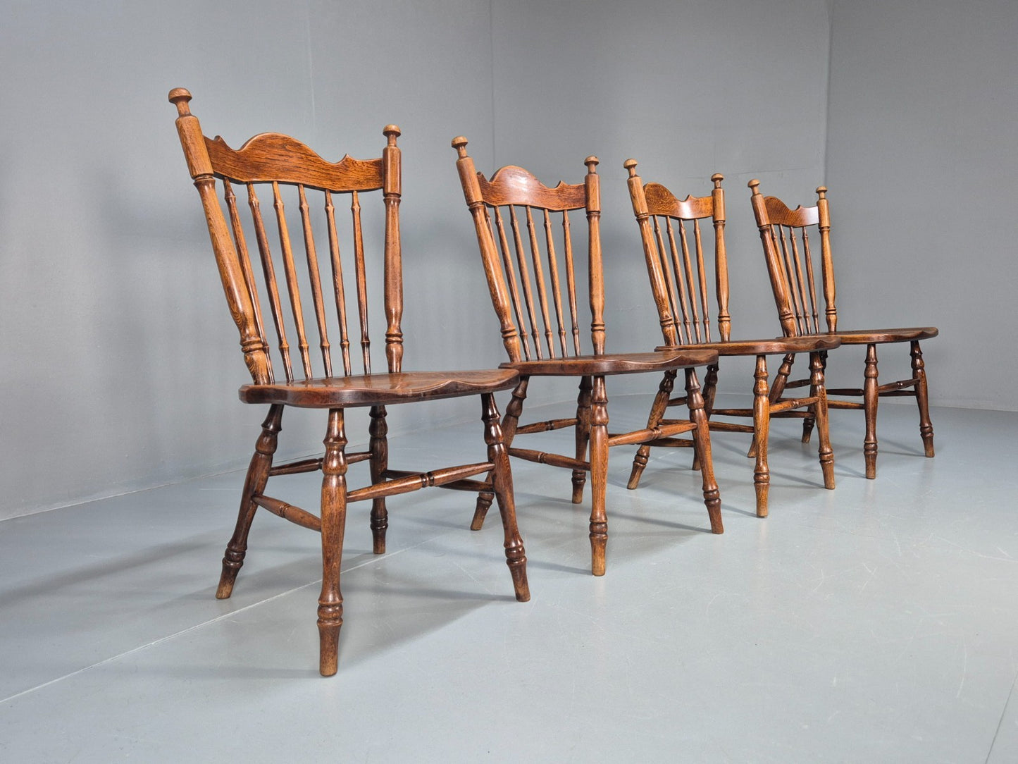 4 Vintage American Windsor Dining Chairs Solid Oak 1900s Antique EB10703 VDIN1