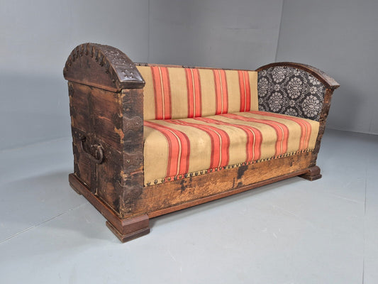 Antique Danish Oak Chest Two Seater Sofa Striped Stamped 19th Cent EB9602 V2SS - UKDK FURNITURE