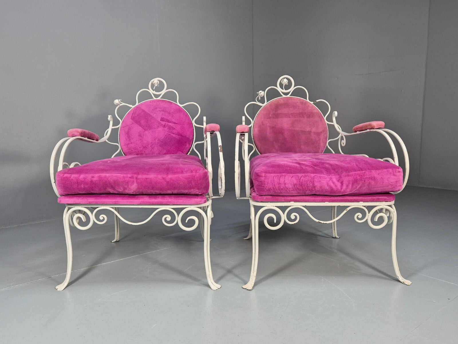 2 Vintage Pink Velvet and Wrought Iron 1950s Chairs French Orangery EB9677 VCLO - UKDK FURNITURE