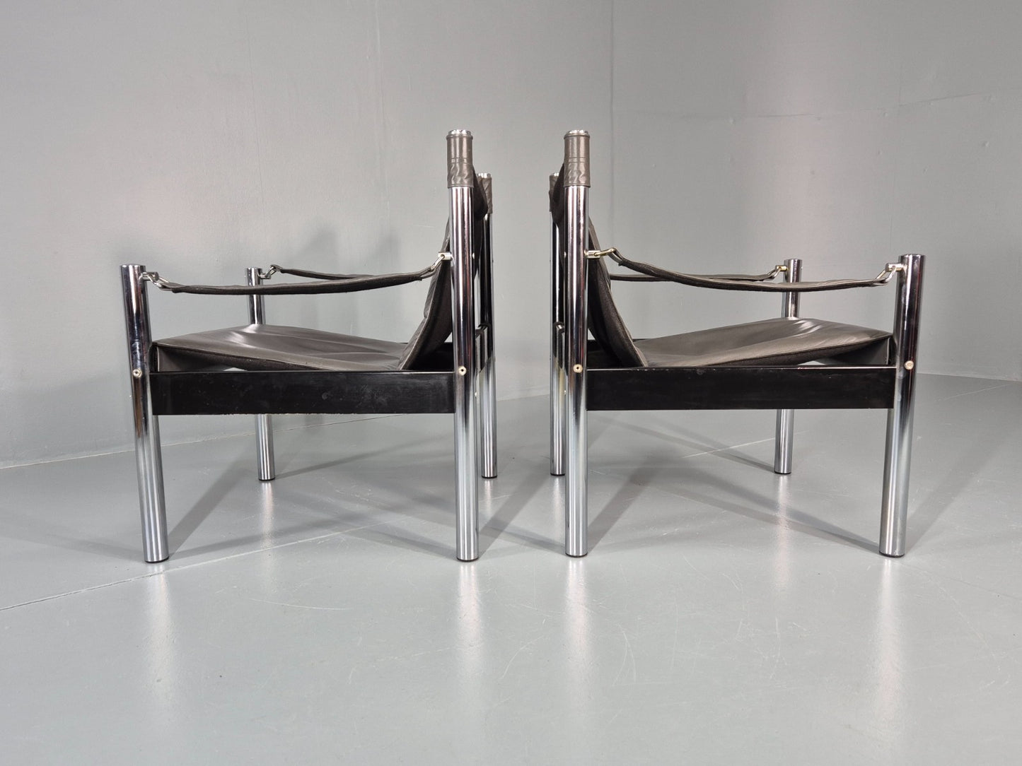 2 Vintage Leather and Chrome Lounge Chairs Safari by Borje Johanson EB11287 MNOR9