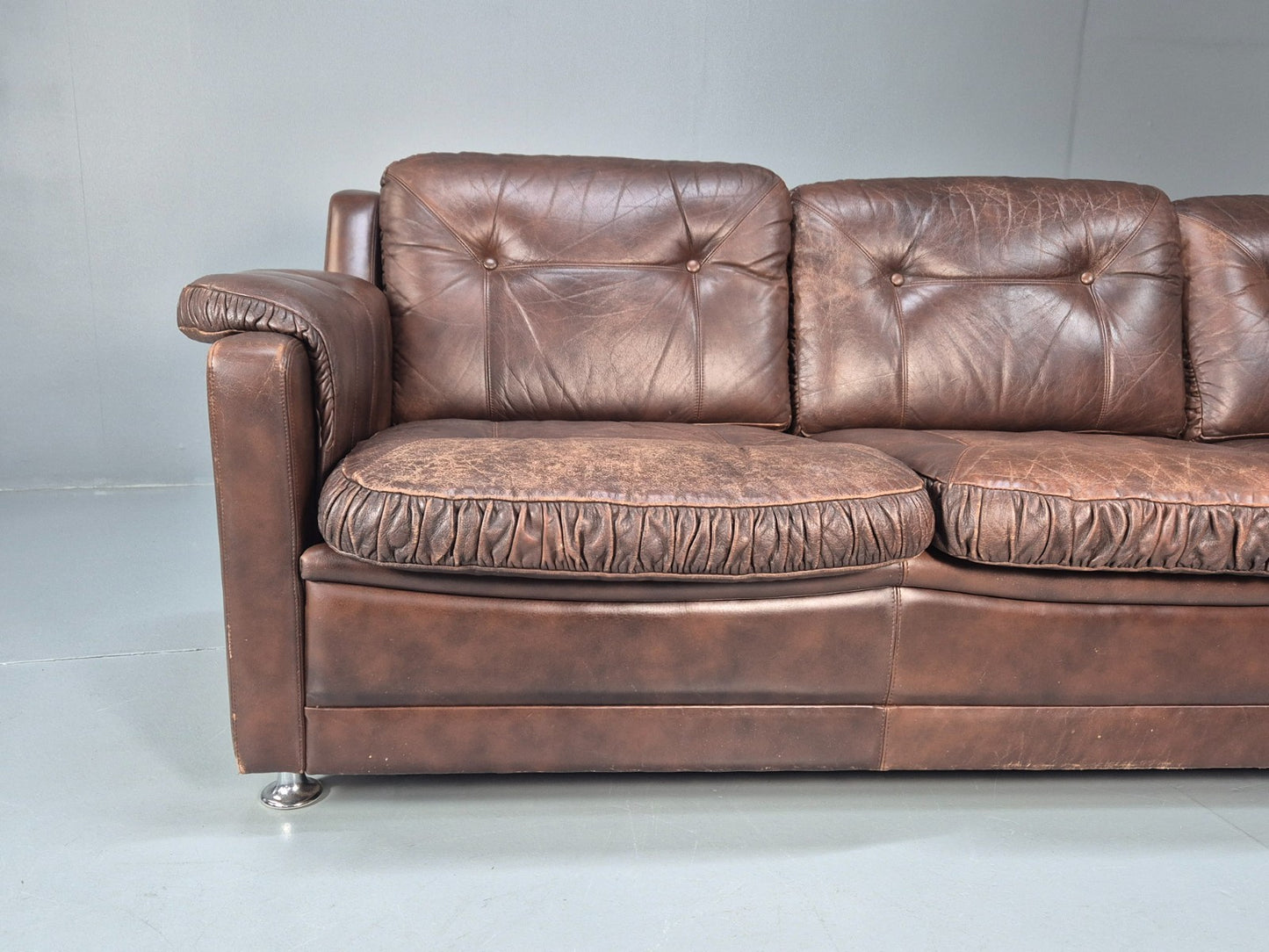 1970s Three Seat Retro Sofa Danish Brown Leather Vintage  EB10687 V3SS2