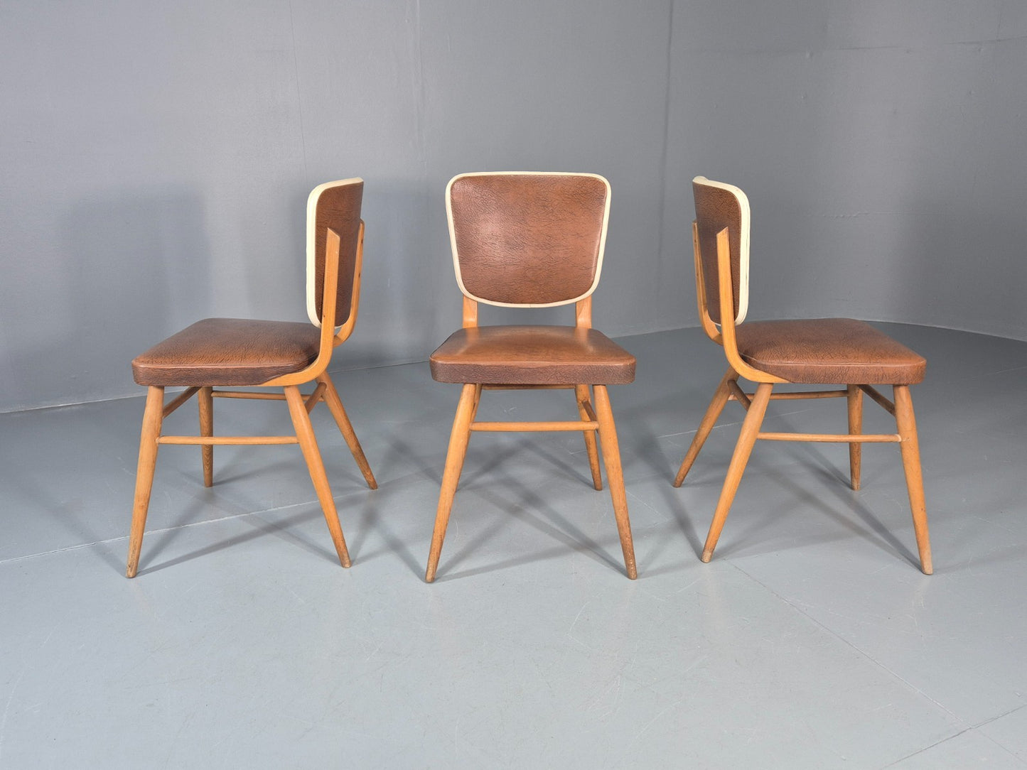 Vintage 1960s Dining Chairs - 3 In Brown Vinyl Beech Frames MCM EB10997 MDIN4