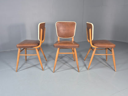 Vintage 1960s Dining Chairs - 3 In Brown Vinyl Beech Frames MCM EB10997 MDIN4