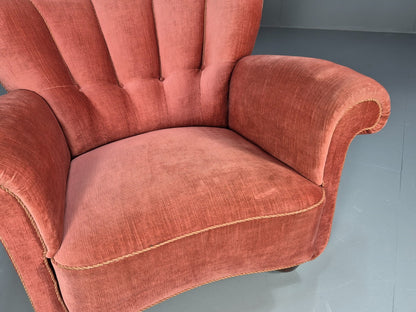 Vintage Danish Art Deco shell back Lounge Chair Pink Velour Bun Feet EB9556 MNOR - UKDK FURNITURE