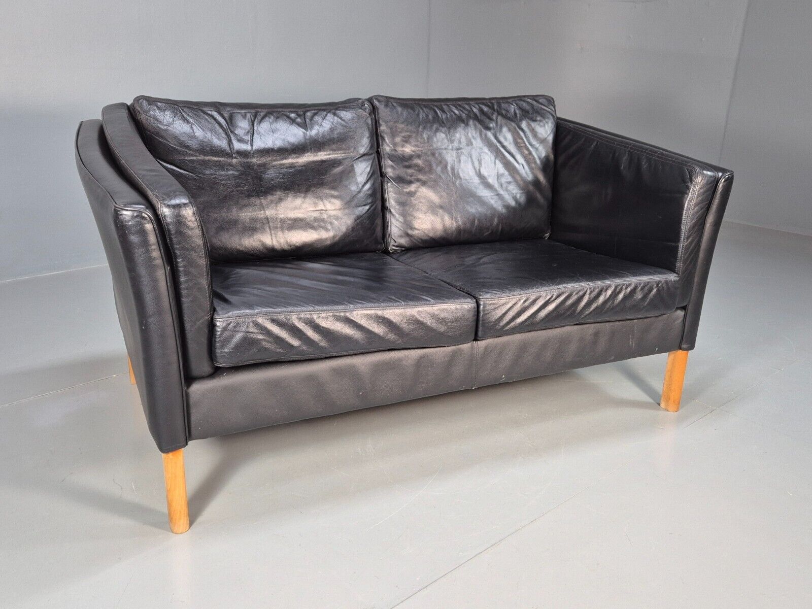 Vintage Danish 2 Seat Sofa Black Leather 1980s Retro MCM EB8697 M2SS - UKDK FURNITURE