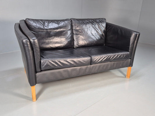Vintage Danish 2 Seat Sofa Black Leather 1980s Retro MCM EB8697 M2SS - UKDK FURNITURE