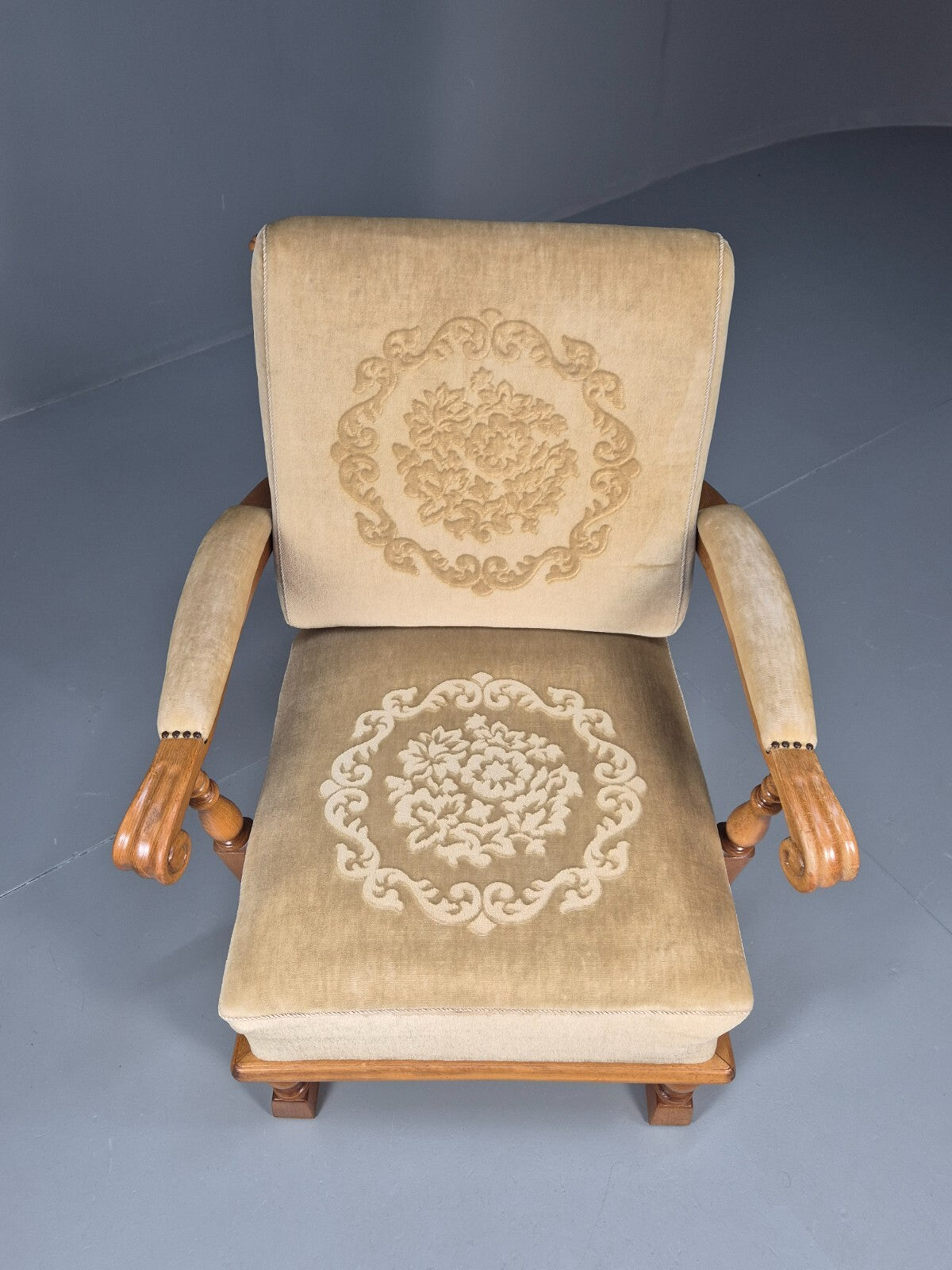 Vintage Danish Oak Frame 1970s Lounge Chair Gold Floral Upholstery EB9658 VCLO - UKDK FURNITURE