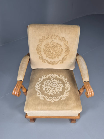 Vintage Danish Oak Frame 1970s Lounge Chair Gold Floral Upholstery EB9658 VCLO - UKDK FURNITURE