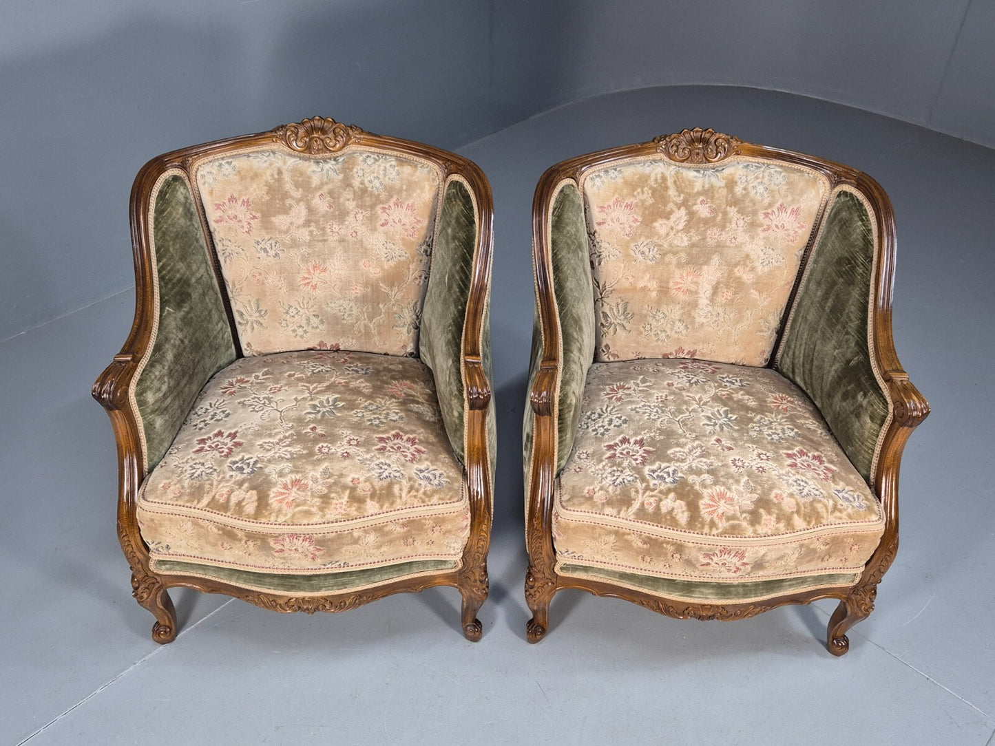 2 Vintage Rococo Armchairs 1920s Danish Green and Floral Antique EB9555 VCLO - UKDK FURNITURE
