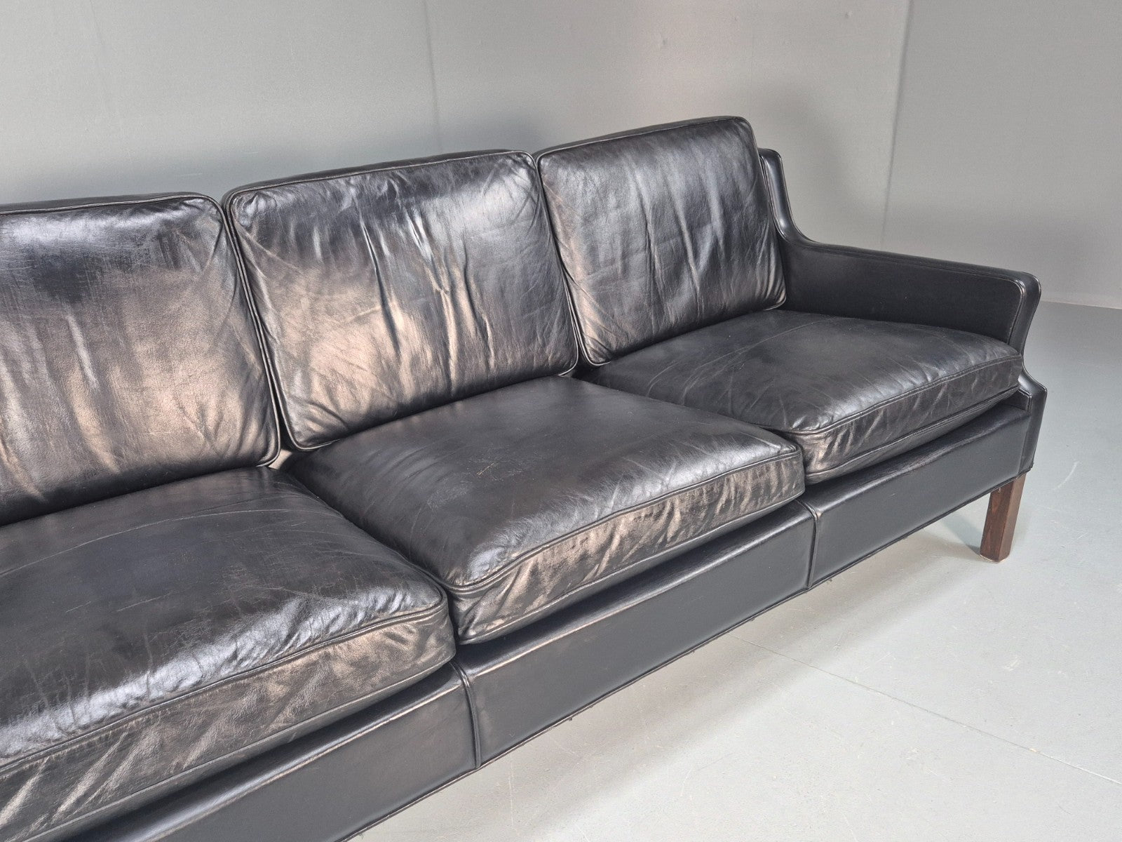 Vintage Three Seat Sofa Black Leather Danish 1960s Mid Century EB10208 M3SS2