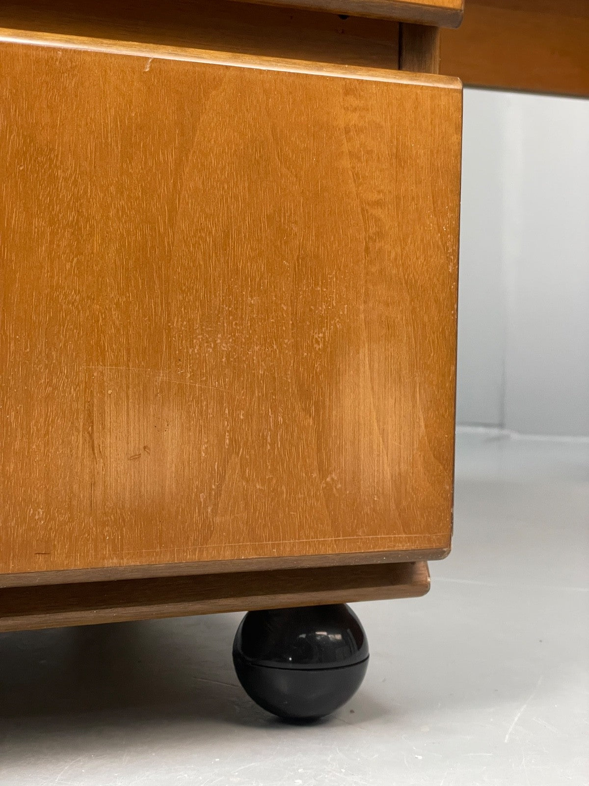 Vintage 1980s Cherry Desk Three Drawers Ball Feet Post Modern EB11058 MWOO10