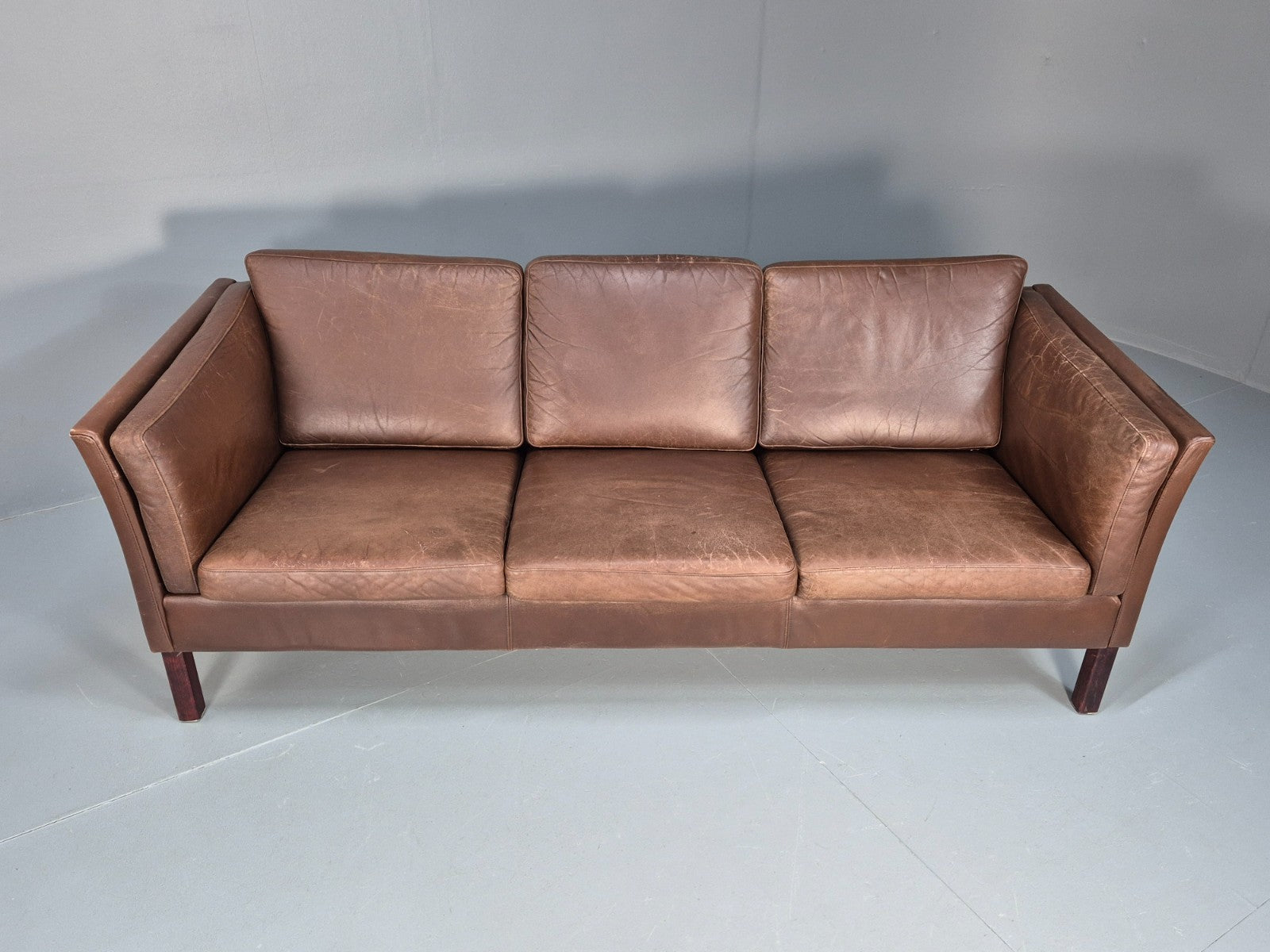 Mid Century Retro Settee Three Seater Brown Leather Vintage Denmark EB10081 M3SS5