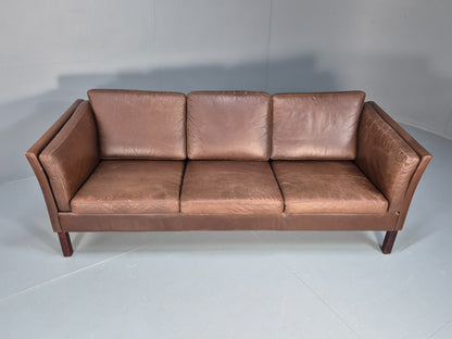 Mid Century Retro Settee Three Seater Brown Leather Vintage Denmark EB10081 M3SS5