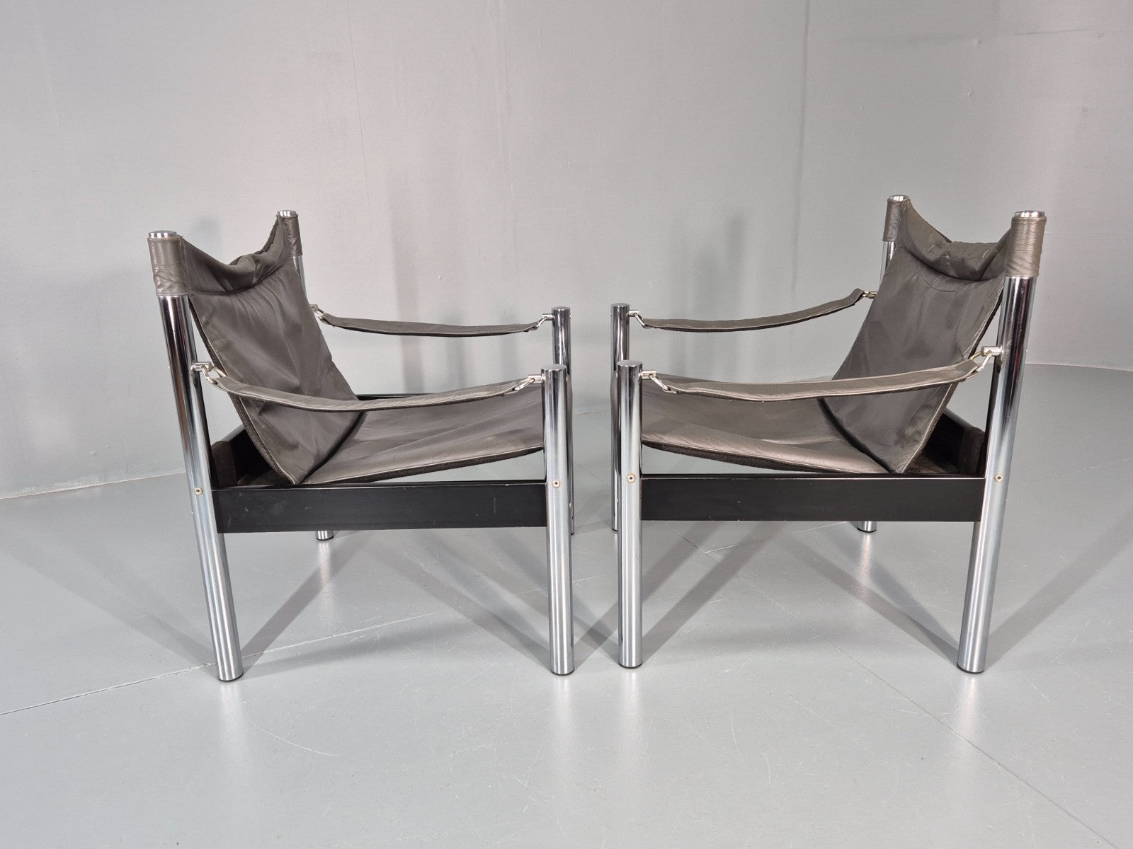 2 Vintage Leather and Chrome Lounge Chairs Safari by Borje Johanson EB11287 MNOR13